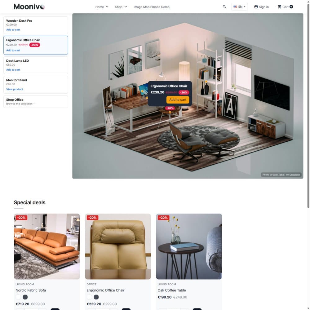 Moonivo Image Map – PrestaShop lookbook modulio ekrano vaizdas