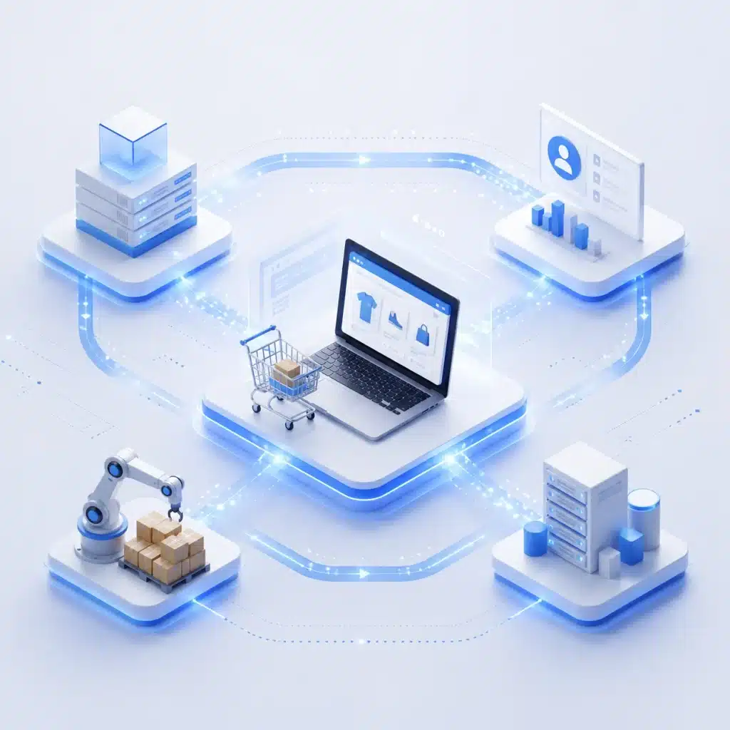 Automatizuotas duomenų srautas tarp PrestaShop, ERP ir CRM